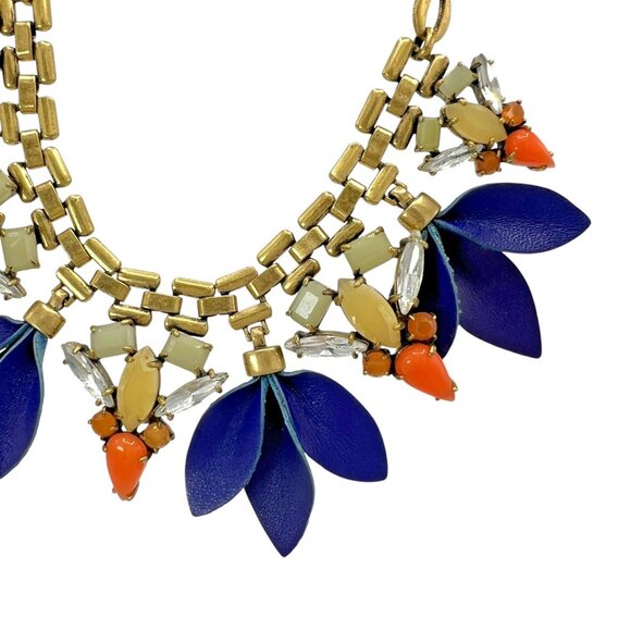 STELLA & DOT Melia Blue Petal Orange Necklace Rhinestone Gold Chain Link Bib - Picture 2 of 7